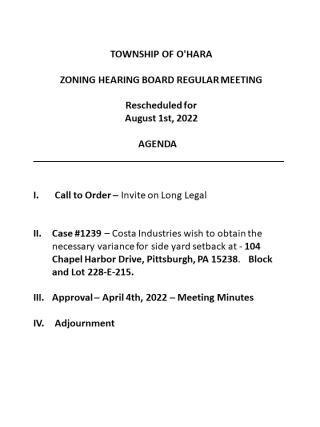 Zoning Hearing Board Agenda 8-1-2022