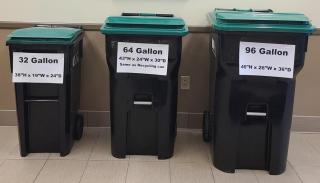 New Trash Cans - 32 gallon = 38 H x 19 W x 24 D, 64 gallon = 42 H x 24 W x 29 D, 96 gallon = 46 H x 26 W x 36 D
