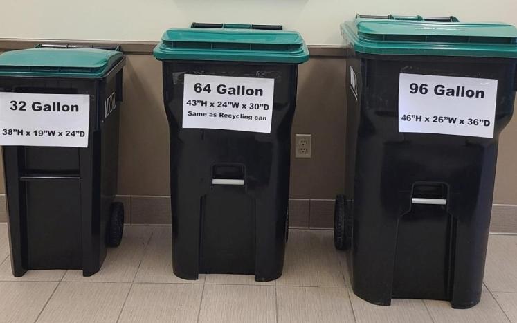 New Trash Cans - 32 gallon = 38 H x 19 W x 24 D, 64 gallon = 42 H x 24 W x 29 D, 96 gallon = 46 H x 26 W x 36 D